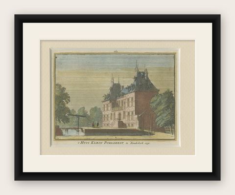 Antique Print of 'Huis Klein Poelgeest' a Castle in Ridderkerk, Holland, c.1750, shown framed