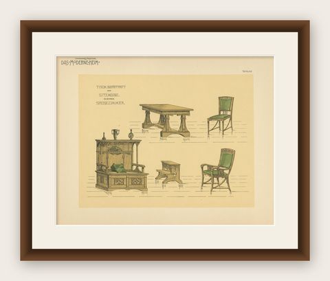 Pl. 62 Antique Print of Dining Room Furniture by Kramer, circa 1910, shown framed