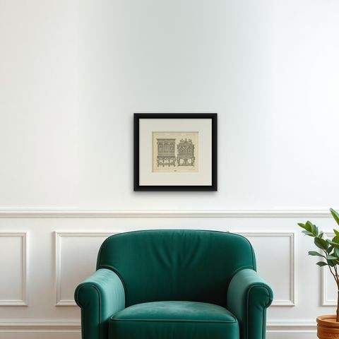 Pl. 93 Antique Print of French 17th Century Furniture by Racinet, circa 1880, shown framed on a wall, true to size