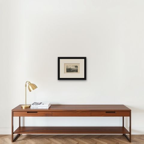 Old Print of Penrhyn Castle, a Country House in Llandygai, Bangor, Gwyned, Wales, shown framed on a wall, true to size