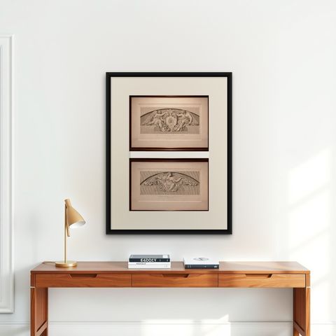 Antique Louvre Architectural Relief Engravings Pair, Neoclassical Ornament, 1803, shown framed on a wall, true to size