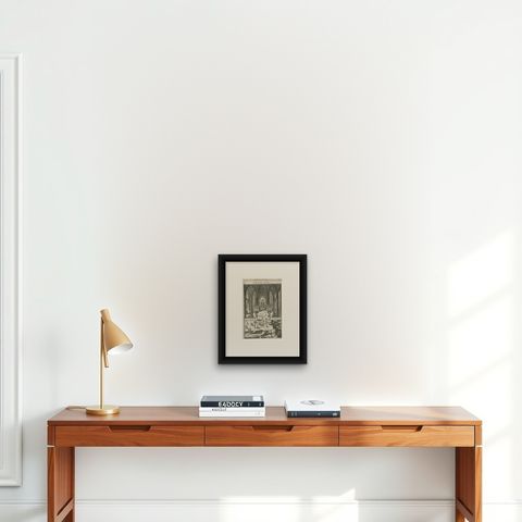 Antique Print with a View of the Temple of Daibuth, Japan, 1683, shown framed on a wall, true to size