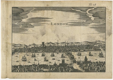 Antique Woodcut View of London, Thames River Panorama with London Bridge, c1650, view 2