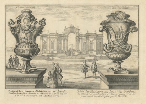 Antique Print of Two Vases and a Building in Vienna by Fischer von Erlach, 1725, view 3