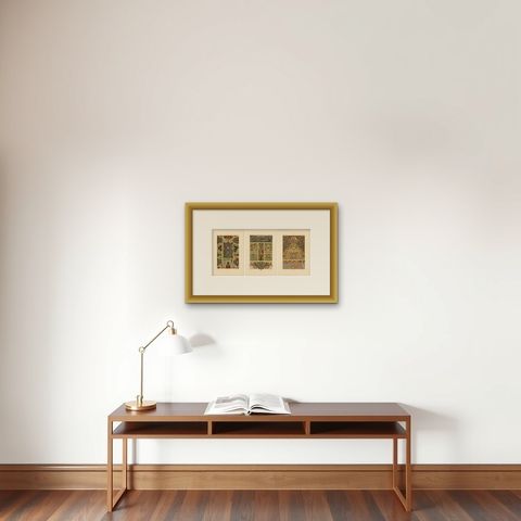 Three Monumental Renaissance Ornament Chromolithographs by Albert Racinet, 1873, shown framed on a wall, true to size
