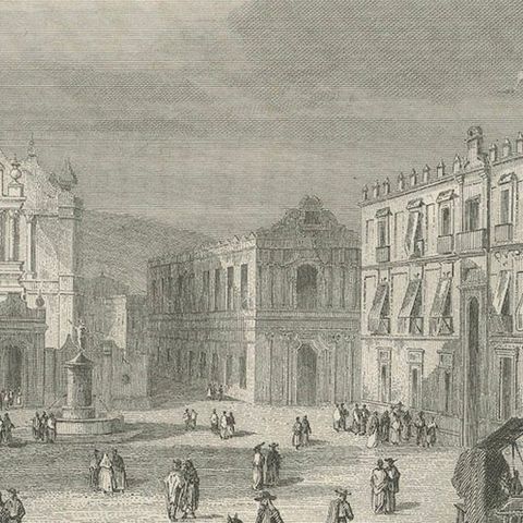 Plaza Santo Domingo Mexico City, Antique Architectural Engraving, 1867, close-up 3