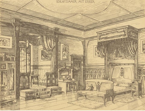 Pl. 6 Antique Print of a Bedroom with Bay Window by Kramer, circa 1910, view 2