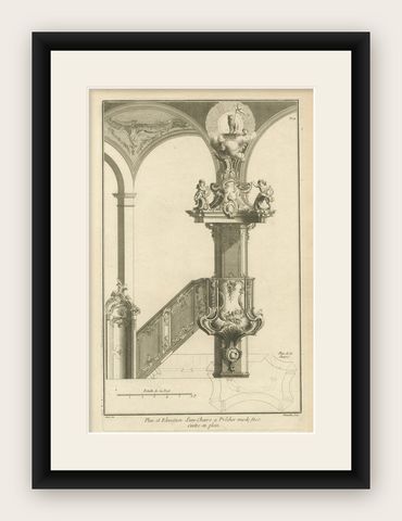 Baroque Pulpit Elevation with Ornate Archway and Balustrade Engraved, ca.1740, shown framed