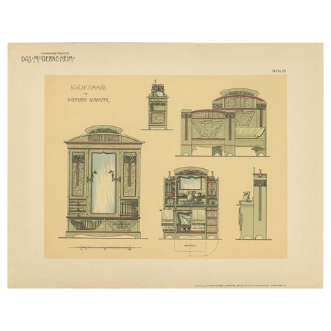 Pl. 29 Antique Print of Bedroom Furniture by Kramer, circa 1910