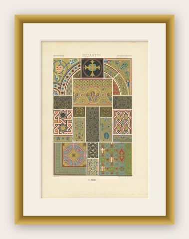 Pl. 33 Antique Print of Byzantine Ornaments by Racinet, circa 1890, shown framed
