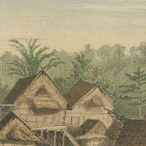 Old Print of Houses of Longwai, West Kutai Regency, East Kalimantan, Indonesia, close-up 1
