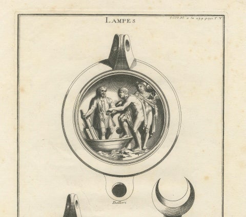 Ancient Lamps in Art: Montfaucon's 18th-Century Engravings, circa 1722, close-up 6