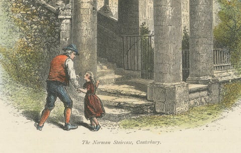 Antique Hand-Coloured Engraving, The Norman Staircase, Canterbury, c.1870s, close-up 2