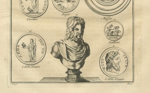 Jupiter and Roman Coin Types, Antique Classical Engraving, Montfaucon, 1721, close-up 1