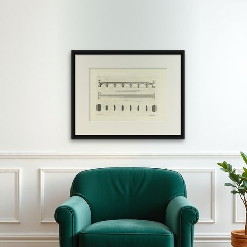 Antique Print of a Design for a Bridge across the Thames, London, England, 1725, shown framed on a wall, true to size
