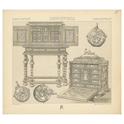 Pl 85 Antique Print of European 17th Century Furniture by Racinet