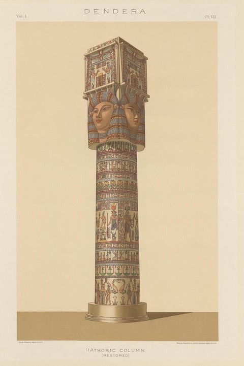 Antique Print of the Hathoric Column of the Portico of the Temple of Dendera, view 2