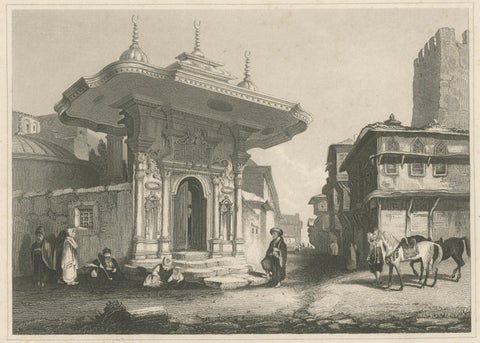 Constantinople Street Scene, Antique Print, Ottoman Fountain, 1850, close-up 2