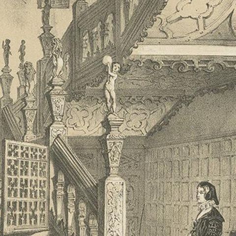 Antique Print of the Staircase at Hatfield House by Nash, circa 1870, close-up 2