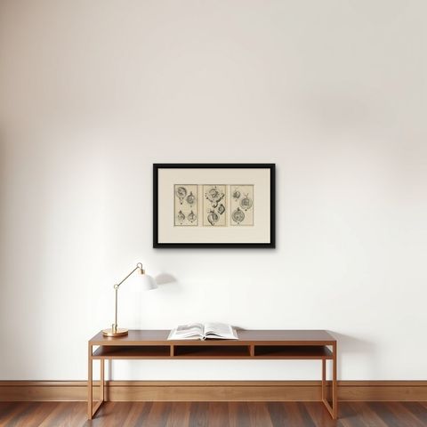 Original Classical Lamp Engravings: Montfaucon's Collection, Published in 1722, shown framed on a wall, true to size