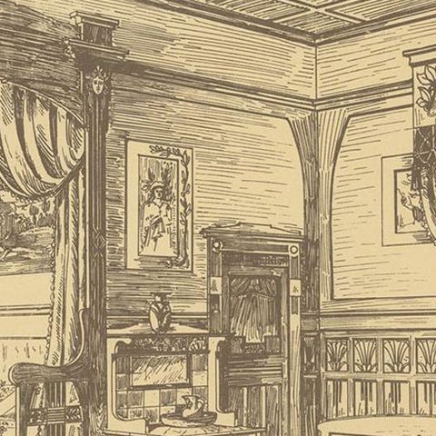 Pl. 6 Antique Print of a Bedroom with Bay Window by Kramer, circa 1910, close-up 2