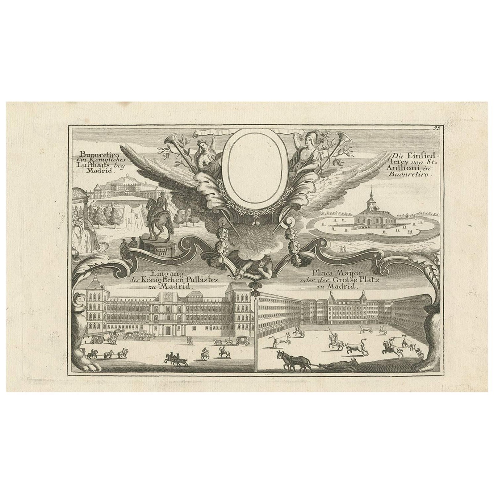 Original Antique Engraving of Buildings in Madrid in Spain, ca. 1700