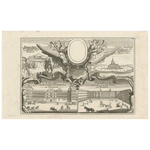 Original Antique Engraving of Buildings in Madrid in Spain, ca. 1700