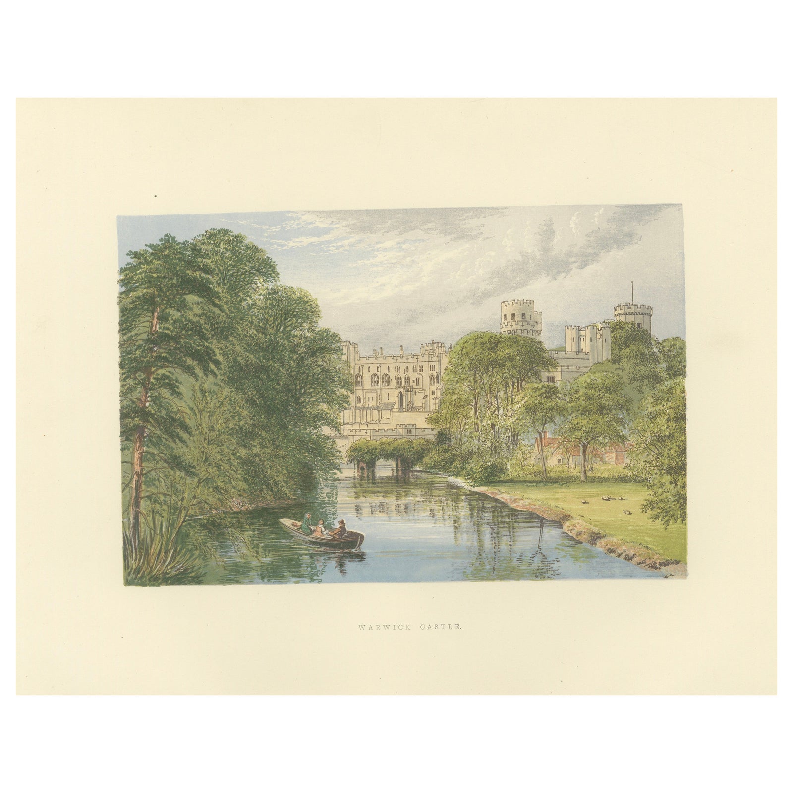 Warwick Castle River View, English Castle Landscape Engraving, c1850