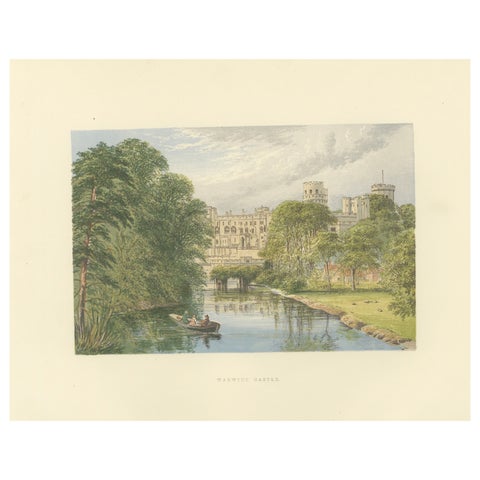 Warwick Castle River View, English Castle Landscape Engraving, c1850