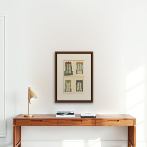 Set of 4 Antique Prints of Windows with Drapery by Sheraton '1805', shown framed on a wall, true to size
