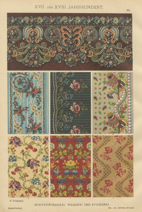 Ornamental Baroque Weaving and Embroidery Sample Print by H. Dolmetsch, 1887, close-up 4