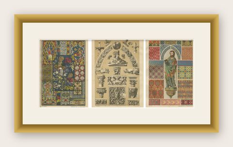Gothic Decorative Art Prints: Stained Glass, Sculpture and Textile Motifs 1887, shown framed