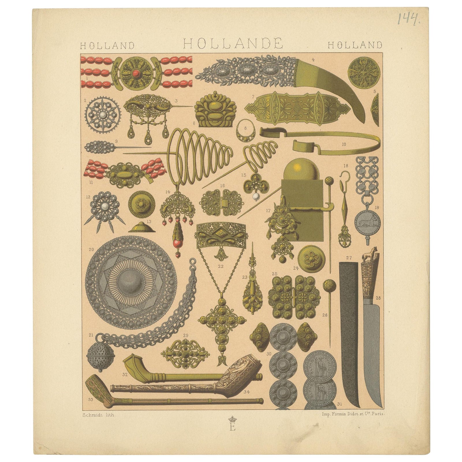 Pl. 144 Antique Print of Holland Decorative Objects by Racinet, 'circa 1880'