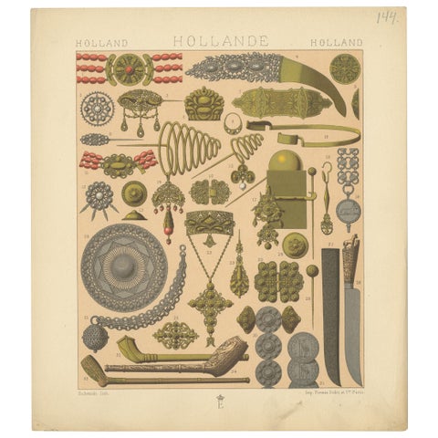 Pl. 144 Antique Print of Holland Decorative Objects by Racinet, 'circa 1880'