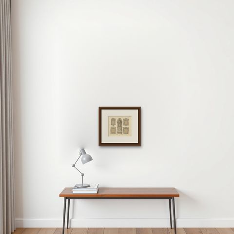 Pl. 75 Antique Print of European XVIth-XVIIth Furniture by Racinet 'circa 1880', shown framed on a wall, true to size
