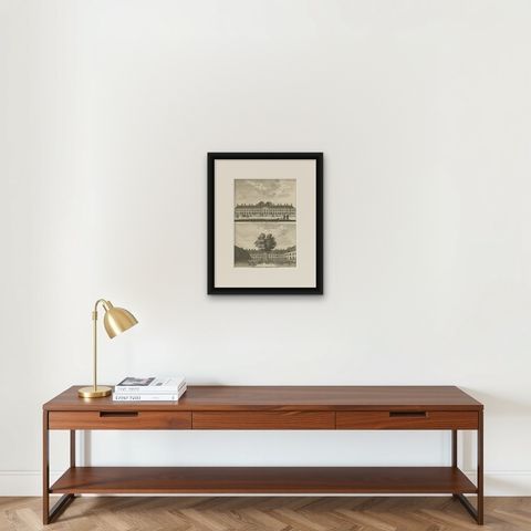 Antique Print of a Widows House in Amsterdam, The Netherlands, c.1760, shown framed on a wall, true to size