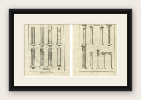 Architectural Engraving of Ancient Egyptian Columns and Capitals, c.1776, shown framed