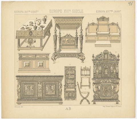 Pl. 48 Antique Print of European XVIth Century Furniture by Racinet, circa 1880, view 2