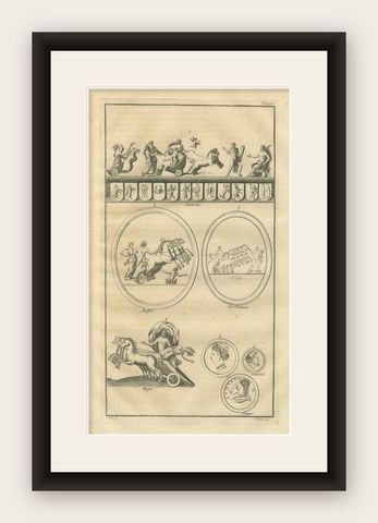 Antique Roman Chariot Reliefs and Medallions, Montfaucon Engraving, 1721, shown framed