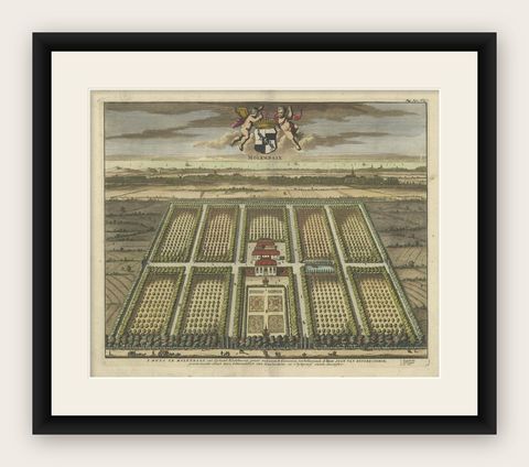 Old Decorative Handcolored Engraving of the Molenbaix Estate in Belgium, 1696, shown framed