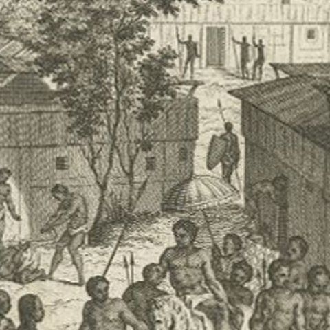 Antique Engraving of Houses of Benin in Africa, 1748, close-up 2