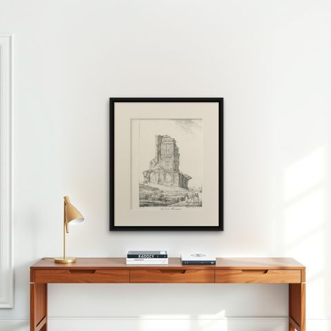 Roman Tower Ruins at Nîmes, Tour Magne Landscape Lithograph, France c.1818, shown framed on a wall, true to size