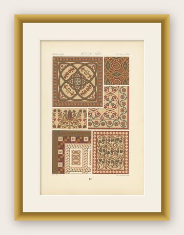 Decorative 80Print of Middle Ages Mosaic Design, France, circa 1890, shown framed
