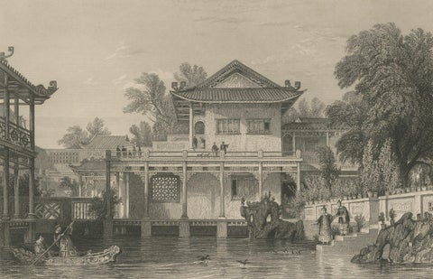 Antique China Consequa House Canton Print, Thomas Allom Steel Engraving 1843, close-up 1