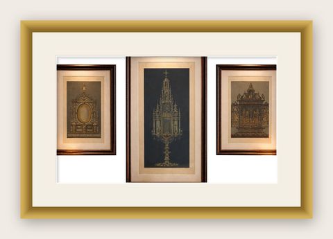 Monumental Bavarian Altars, Architectural Triptych, Munich 1874, shown framed
