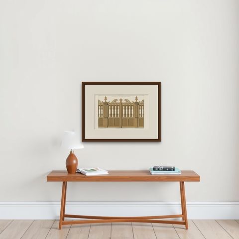 Architecture Print of Woodwork of an Entry Door by Delarue, circa 1880, shown framed on a wall, true to size