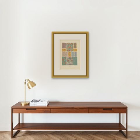 Pl. 95 Antique Print of XVIIIth Century Ornaments by Racinet, circa 1890, shown framed on a wall, true to size