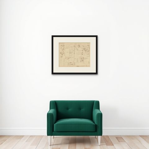Pl. 33 Antique Print of Furniture Details by Kramer, circa 1910, shown framed on a wall, true to size