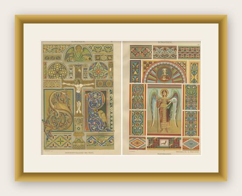 Romanesque Decorative Prints by H. Dolmetsch, 1887, Manuscript and Mural Designs, shown framed