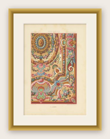 Pl. 87 Antique Print of XVIIIth Century Ornaments by Racinet (c.1890), shown framed